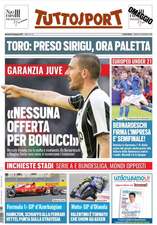 “Bernardeschi firma l’impresa, è semifinale” così titola TuttoSport oggi 25 Giugno 2017