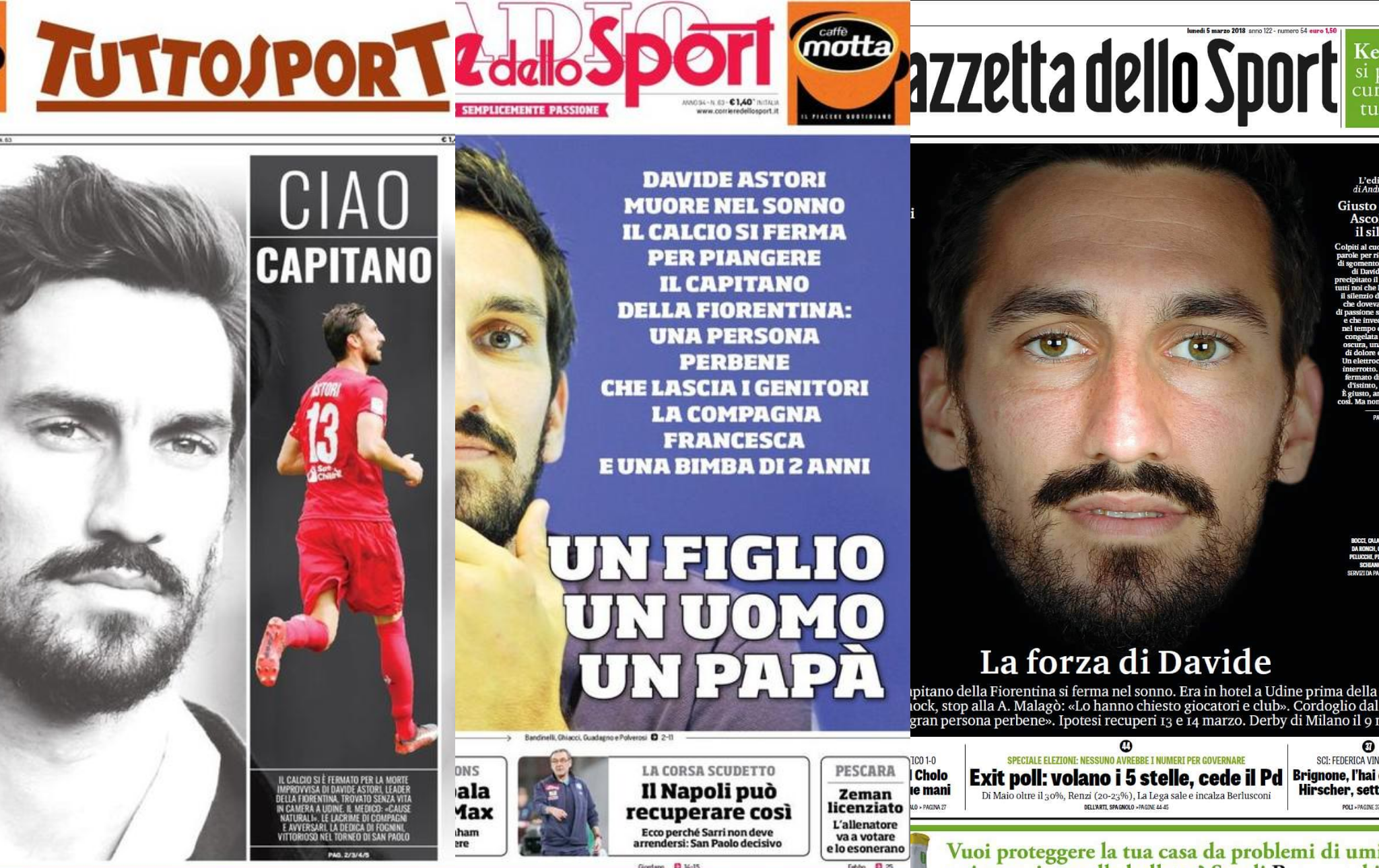Così la stampa sportiva omaggia Davide Astori. Le prime pagine dei quotidiani italiani