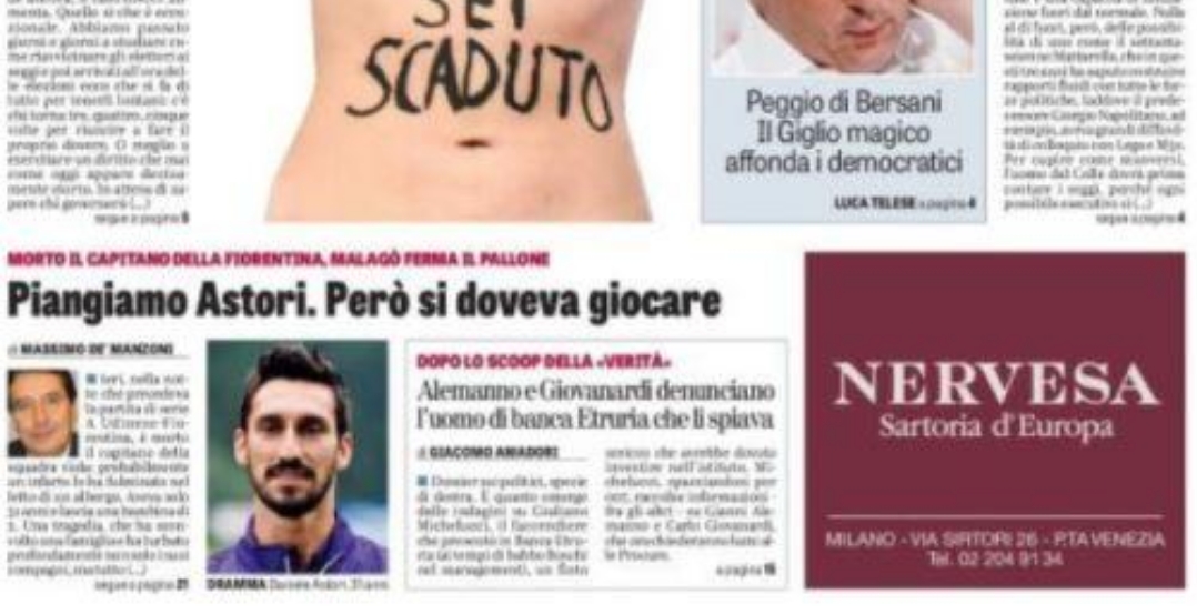 Il quotidiano La Verità sbotta: “Piangiamo Astori ma si doveva giocare'”