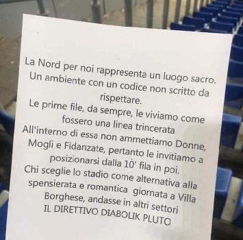 Lazio, volantino shock: “Non vogliamo le donne nelle prime dieci file. Curva luogo sacro”