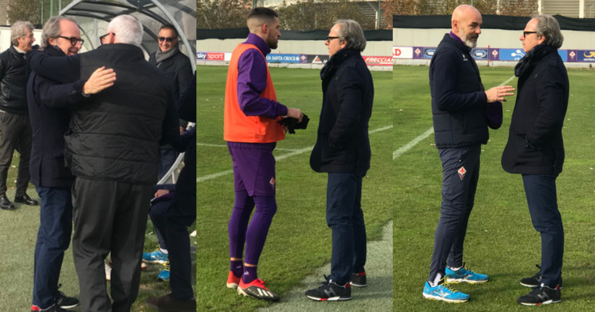 Della Valle al centro sportivo, abbracci con Corvino, faccia a faccia con Pioli e Biraghi. Le foto
