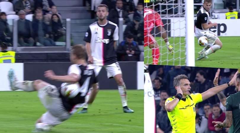 Mano di De Ligt in area al 92′, var e rigore? No, l’arbitro nemmeno la va a vedere. Il Bologna è furioso