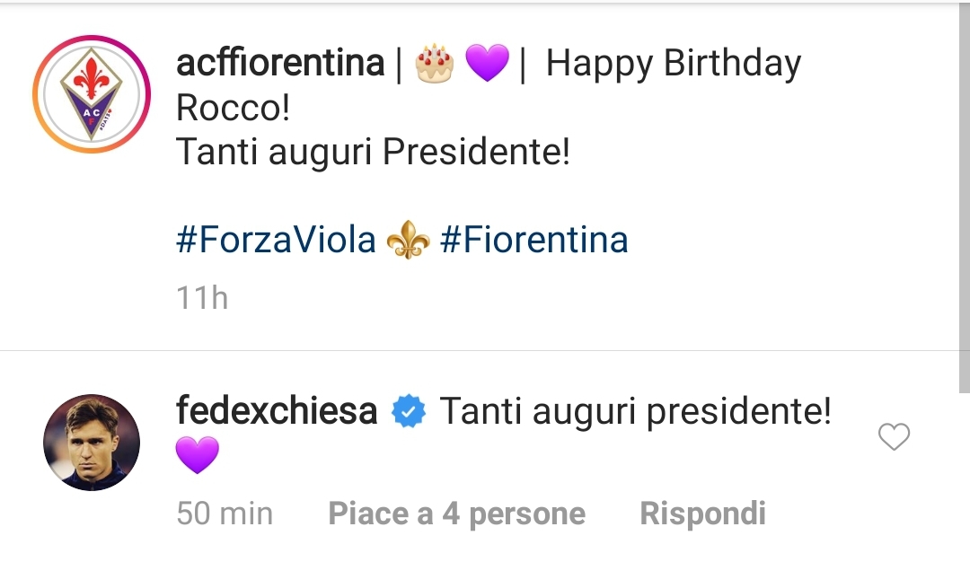 Chiesa fa gli auguri a Commisso, cuore viola e messaggio per il presidente sui social. Ecco il post