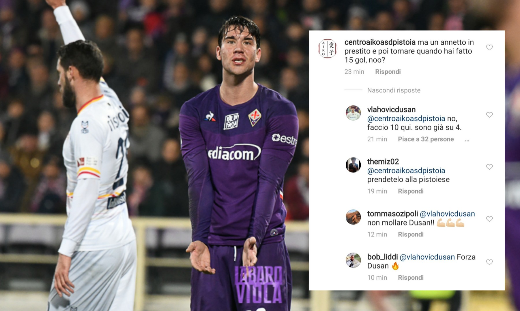 Vlahovic risponde alla critica di un tifoso viola: “Faccio dieci gol, sono già a quattro”. Lo scambio di battute