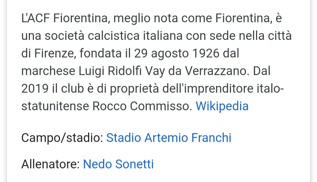 FOTO, e intanto su Wikipedia l’allenatore della Fiorentina diventa Nedo Sonetti