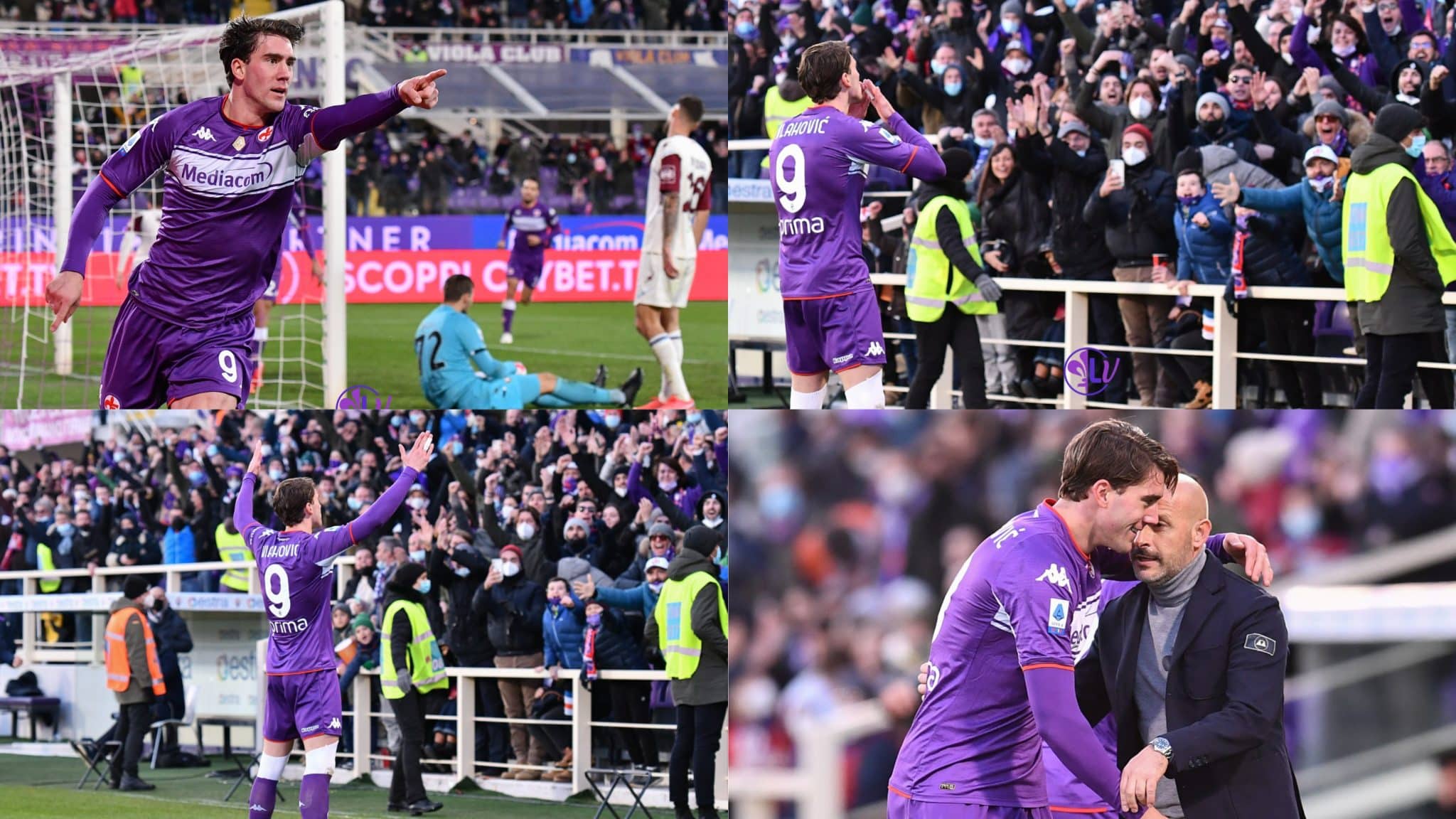 Foto racconto, Vlahovic segna, dedica il gol ai tifosi della Fiorentina e va ad abbracciare Italiano