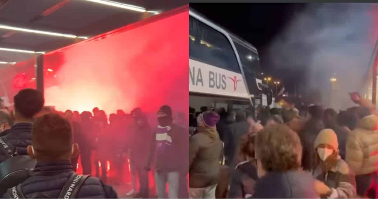 200 tifosi all’aeroporto a festeggiare la Fiorentina. Tanti fumogeni, selfie e cori contro la Juve