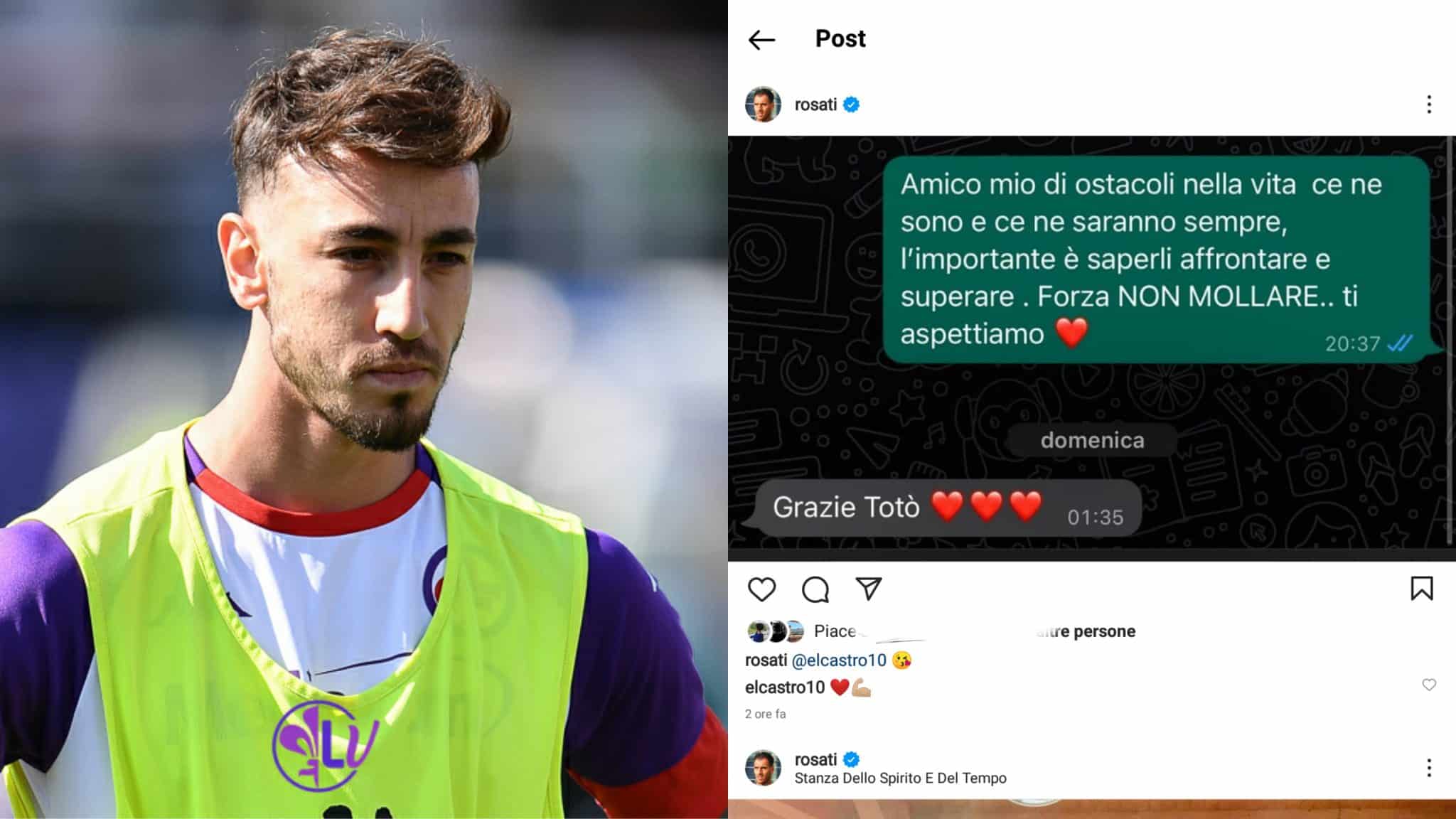 Rosati scrive a Castrovilli: “Di ostacoli nella vita ce ne saranno sempre tanti, non mollare”