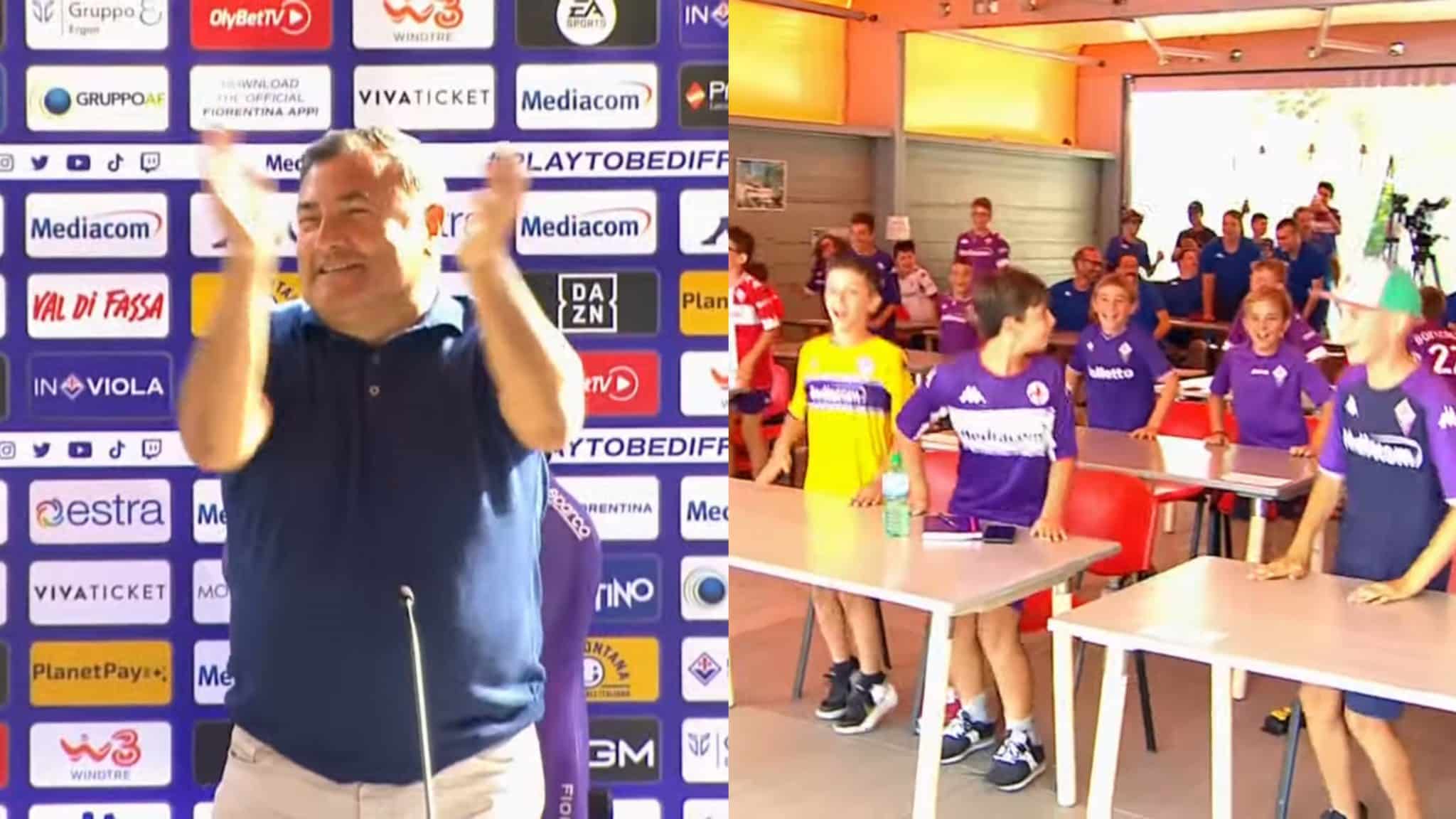 Barone si trasforma in ultras con i piccoli tifosi viola: “Chi non salta è juventino”