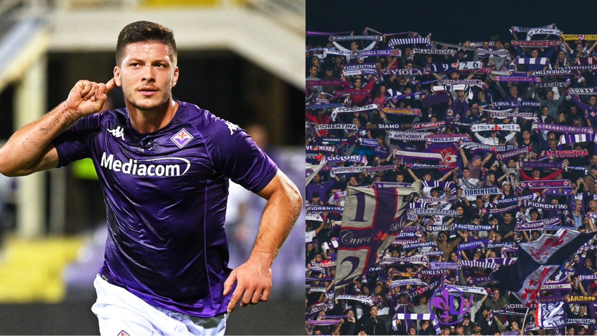 Jovic va sotto i tifosi della Fiorentina, braccia alzate e saluti, tifosi viola rispondono con applausi