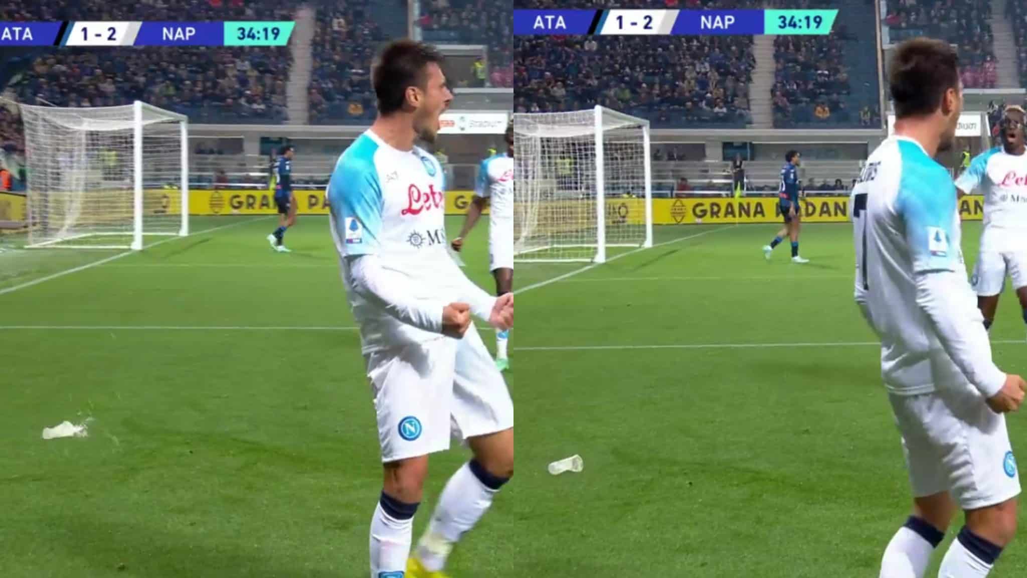Elmas segna e la Curva dell’Atalanta gli lancia contro un bicchiere di birra che poi entra in campo