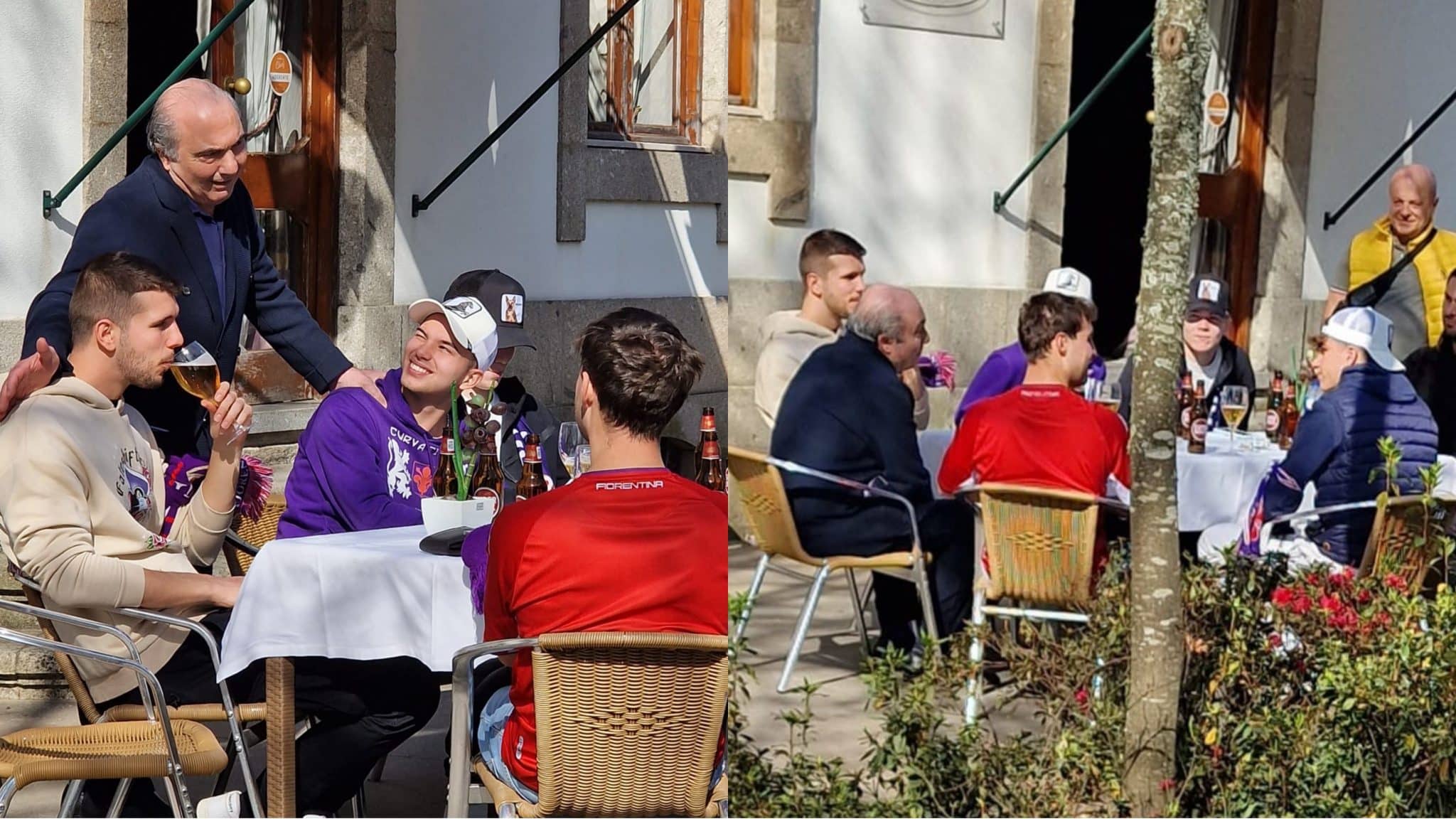 Commisso si siede ai tavolini con un gruppo di tifosi della Fiorentina a Braga. Le immagini dal Portogallo