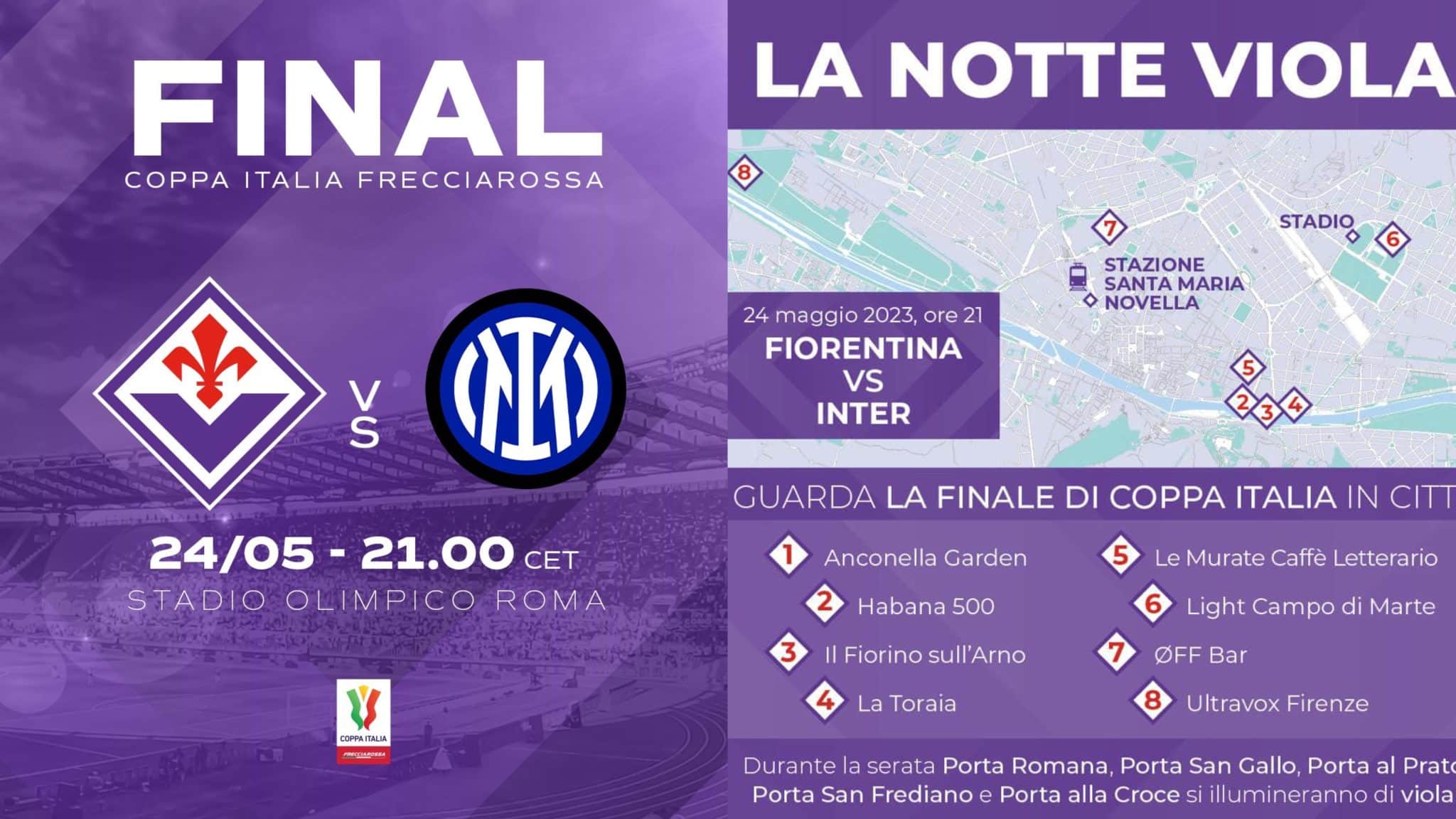 Firenze si prepara per la finale di Coppa Italia tra Fiorentina e Inter. Le info per vedere la partita in città