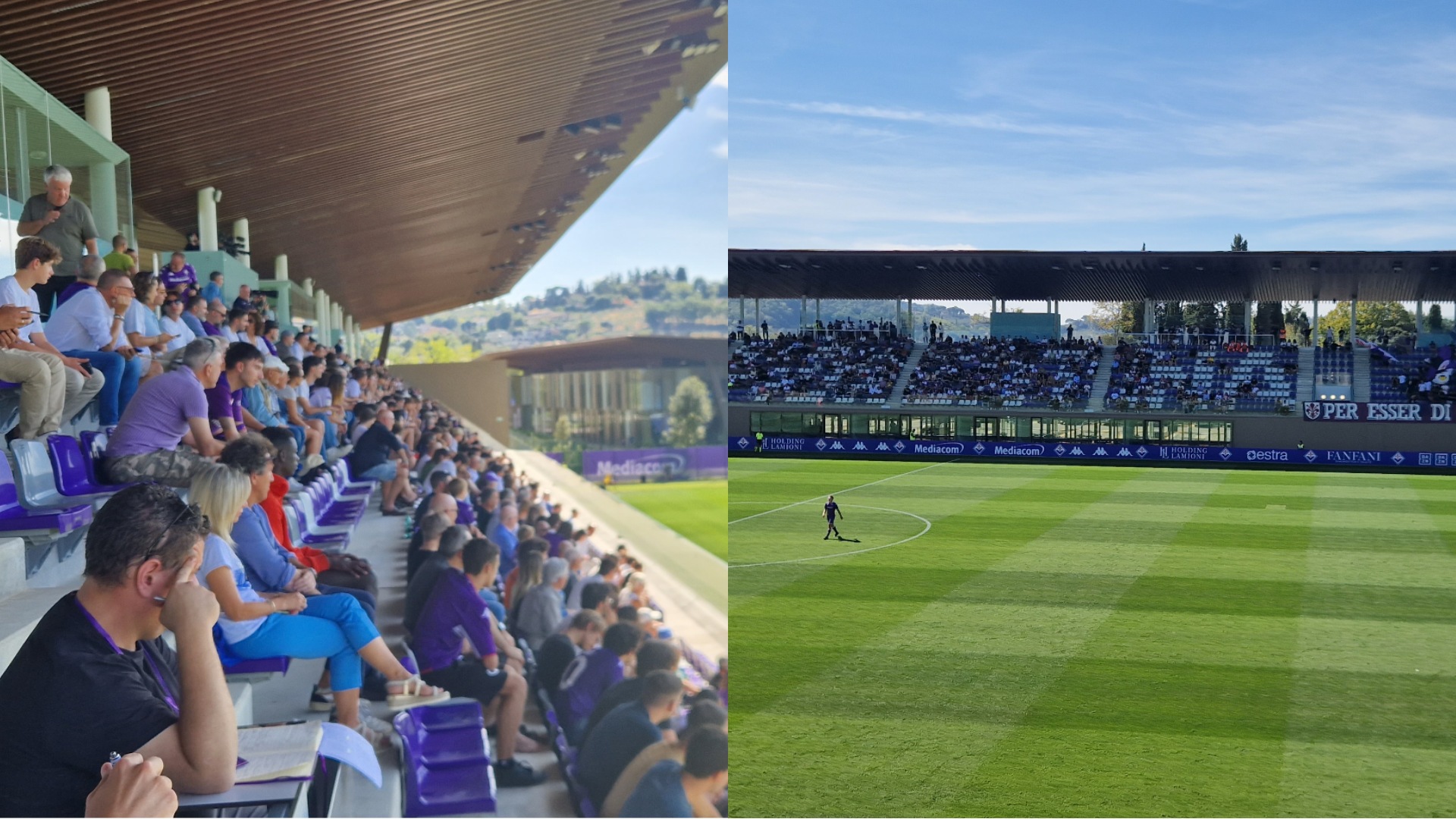 Entusiasmo per la prima al Viola Park. Commisso dà il calcio di inizio. 1500 tifosi viola. C’è Italiano