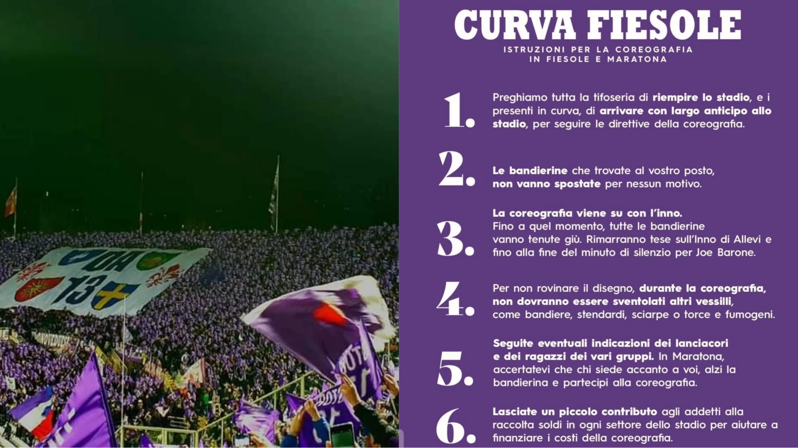 Istruzioni Curva Fiesole per la coreografia in Fiesole e Maratona di domani sera contro il Milan