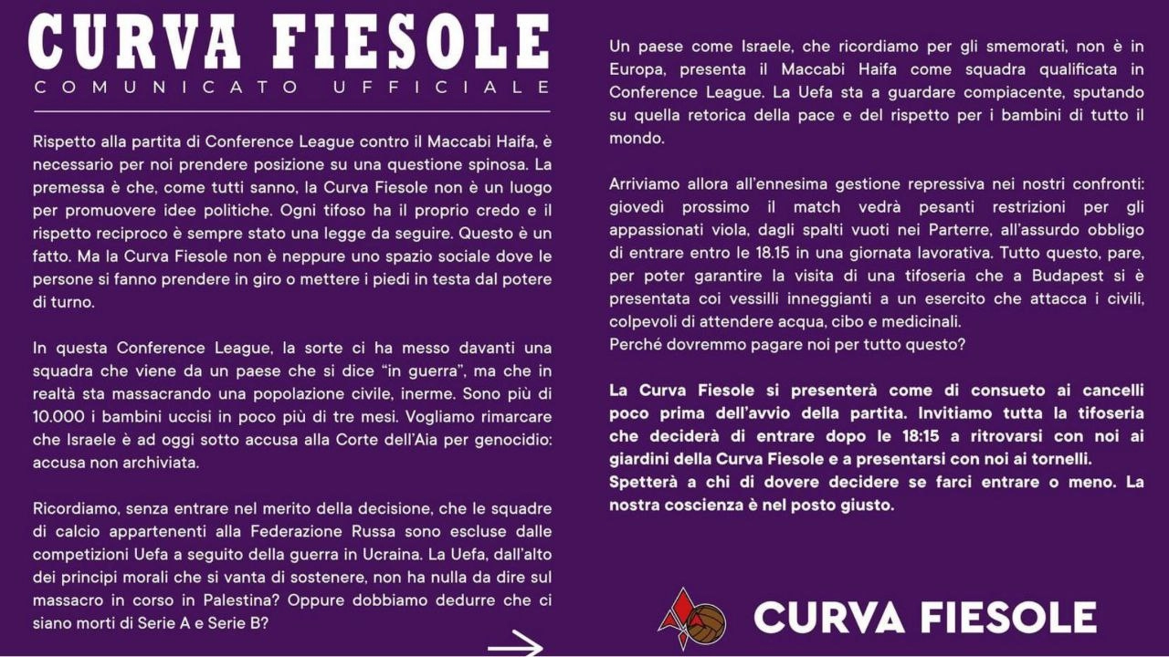 La Curva Fiesole si schiera: “Gestione repressiva in vista del Maccabi. Entriamo allo stadio dopo le 18:15”