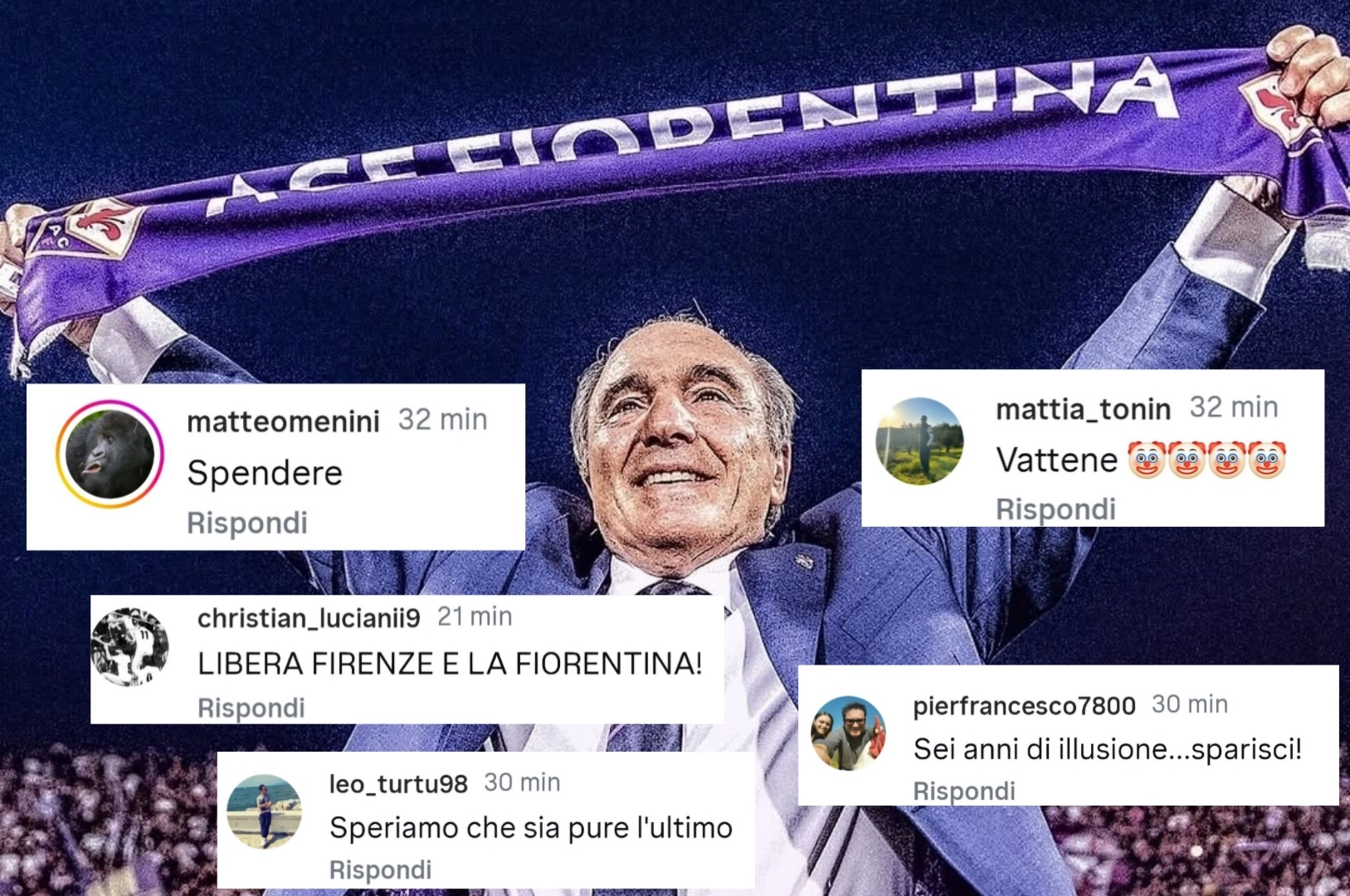 La Fiorentina festeggia 6 anni con Commisso. I tifosi commentano: “6 anni di niente, vendi”