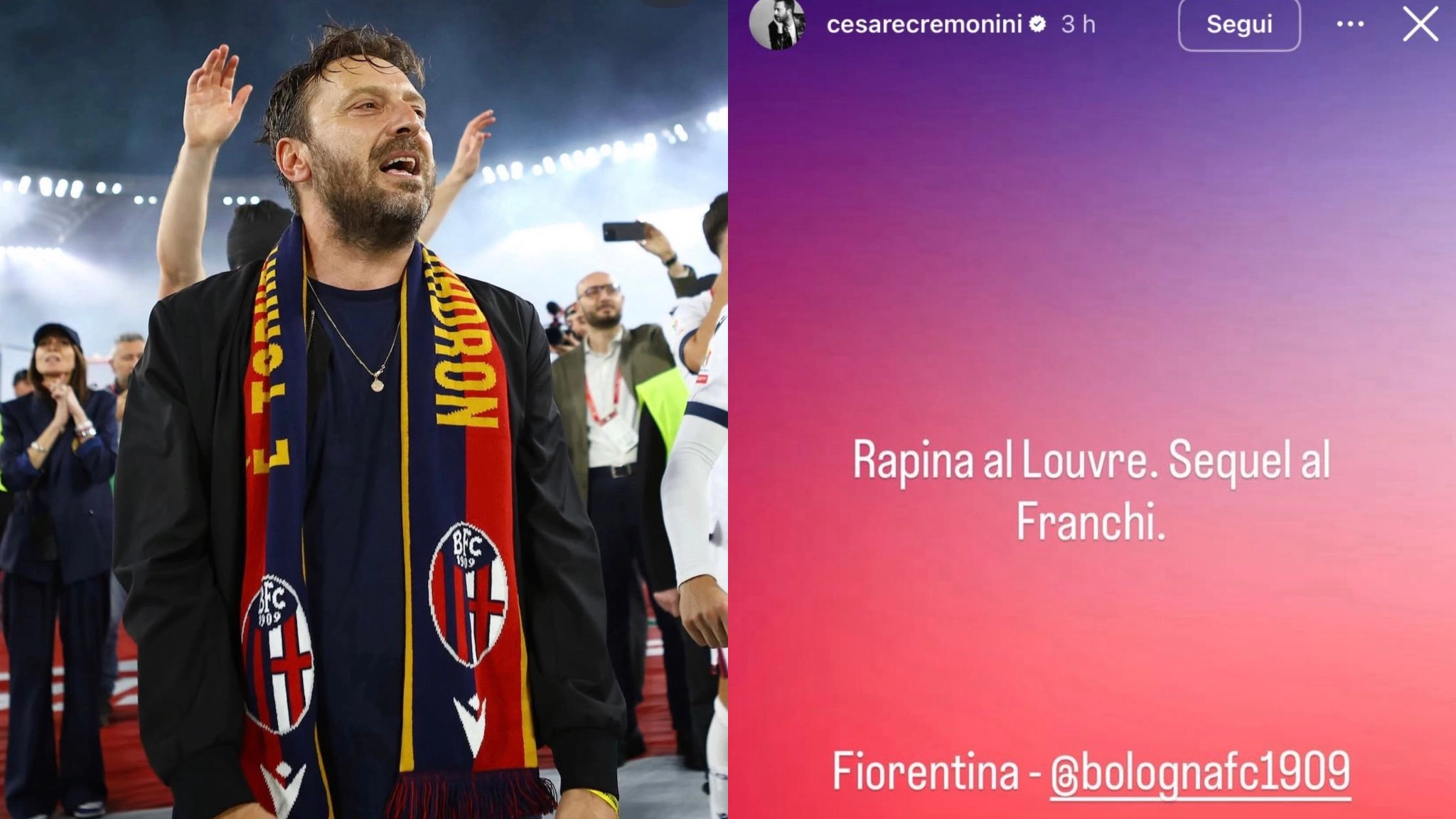 Fiorentina-Bologna, Cremonini scatenato sui social: “Rapina al Louvre. Sequel al Franchi”