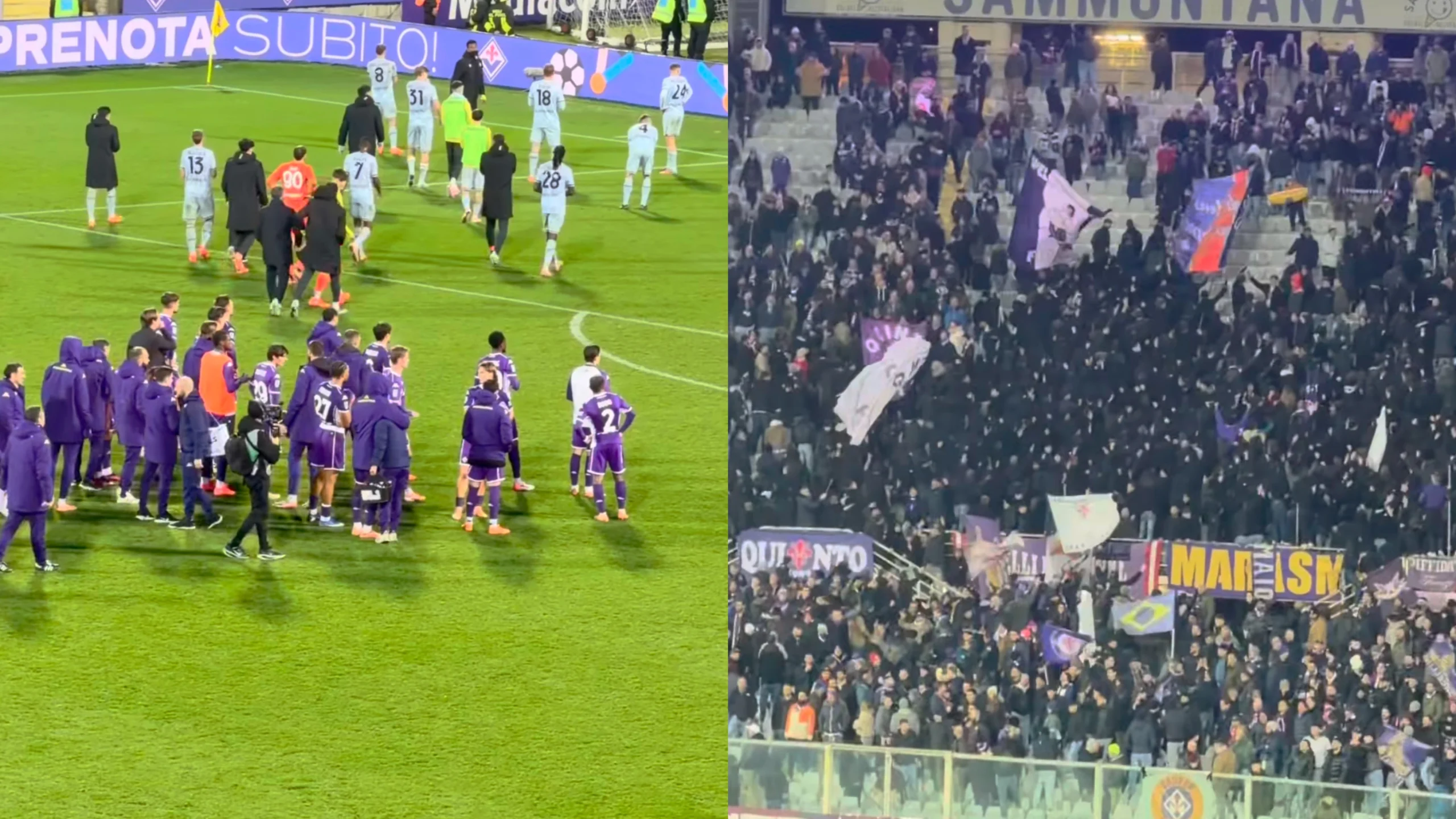 La Fiesole girata di spalle fischia la Fiorentina a fine partita. Applausi dal resto dello stadio