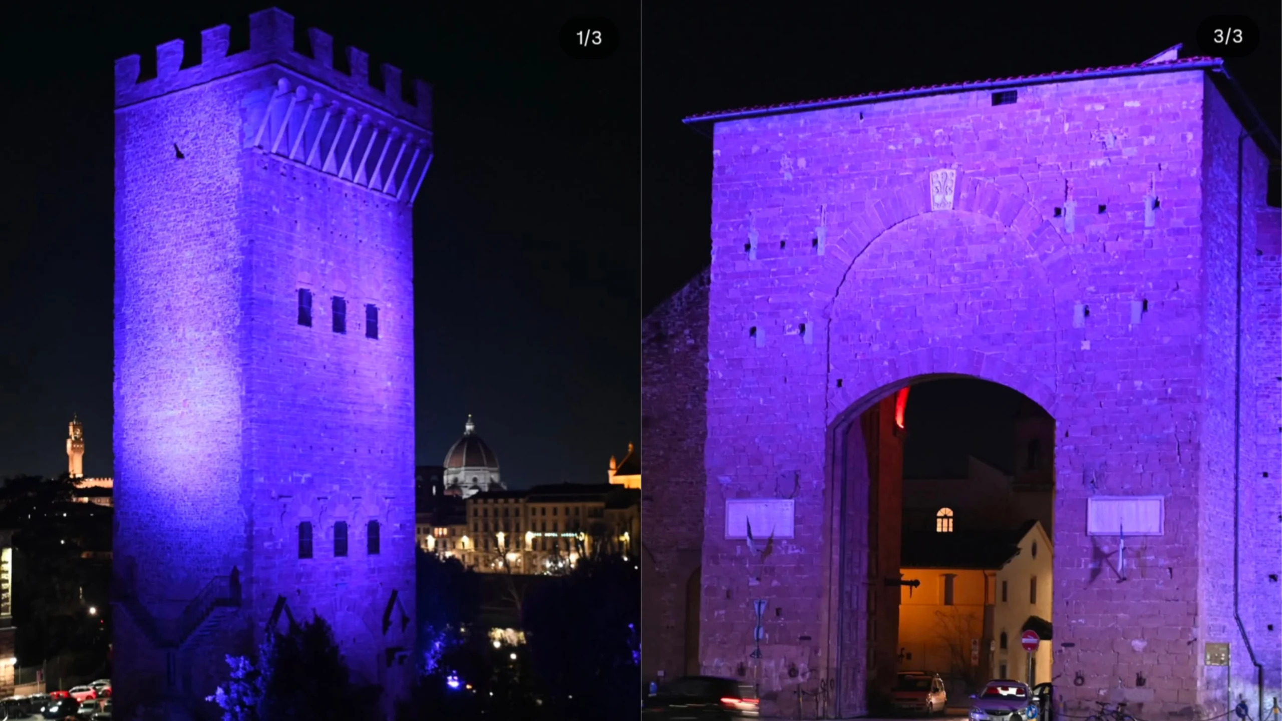 Le porte di Firenze si colorano di viola dopo il tramonto in memoria del Presidente Rocco Commisso