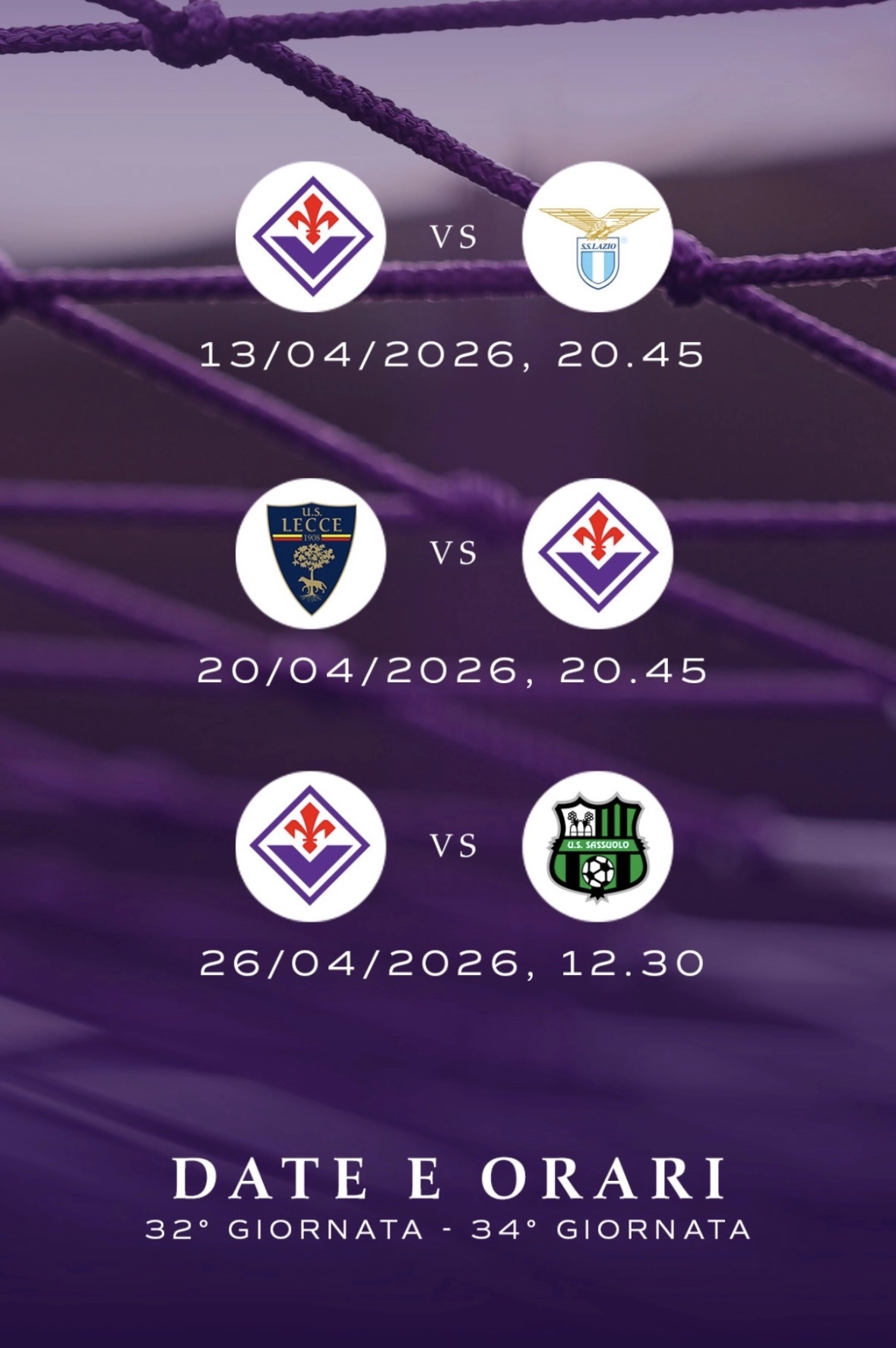 Svelati gli orari dalla 32 esima alla 34 giornata di Serie A: la partita salvezza contro il Lecce sarà di lunedì sera al Via del mare